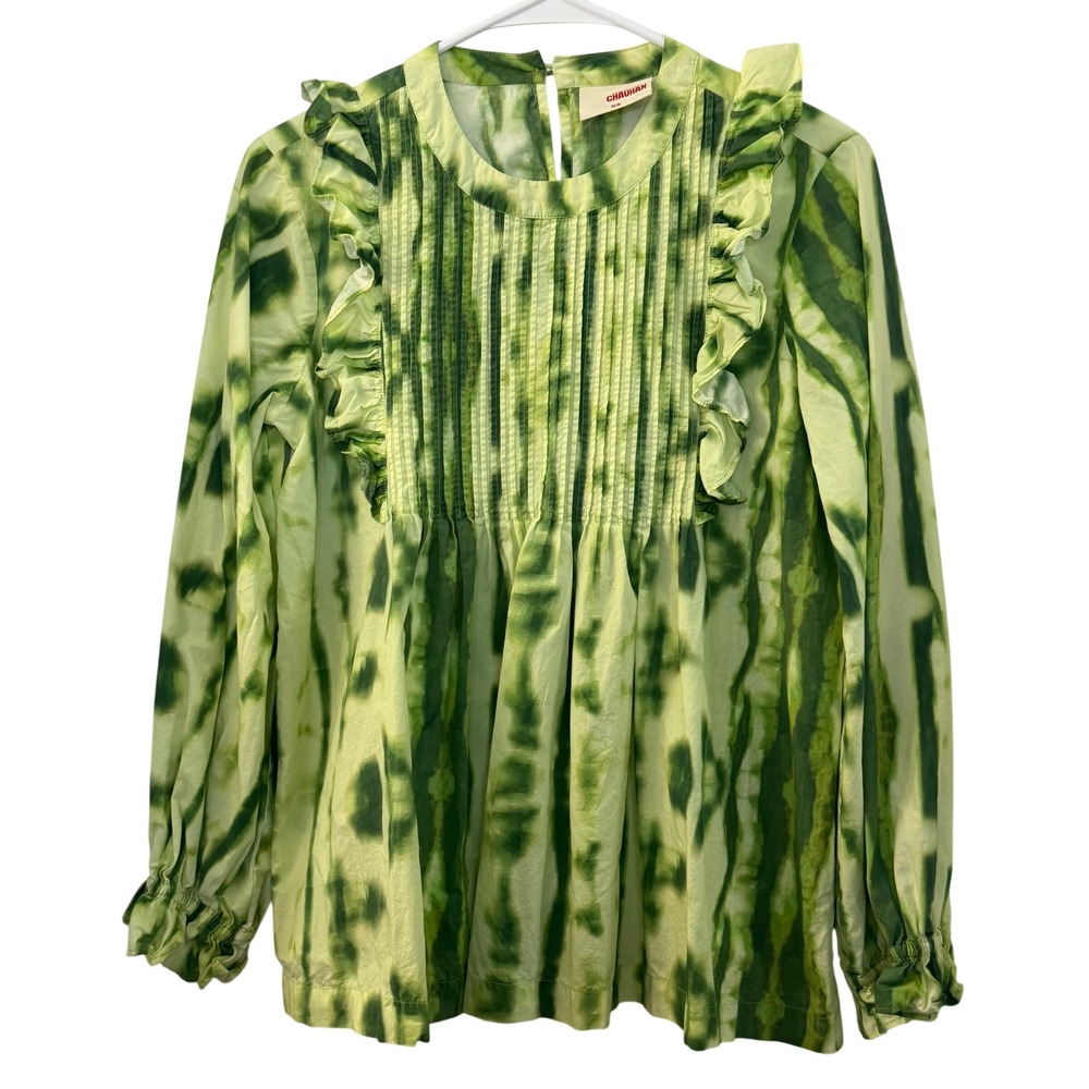 Samant Chauhan Tie Dye Ruffle Pleated Cotton Long Sleeve Top‎ Blouse XS Retro